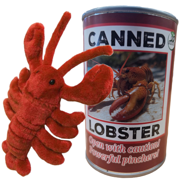 Plush lobster toy next to a can labeled 'Canned Lobster' on a white background