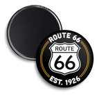 Round black magnet with Route 66 logo and text on a white background