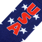 Navy blue sock with red 'AMC' letters and white stars on a white background