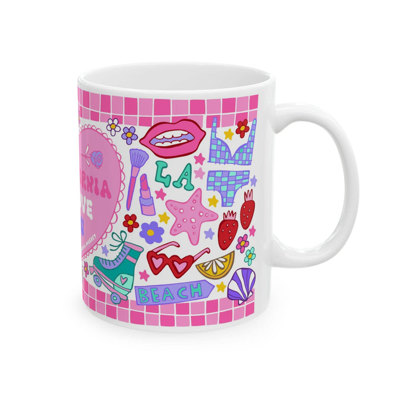 White mug with colorful graphics and text on a white background