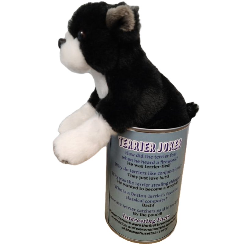 Plush dog toy in a canister with text on a white background