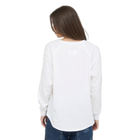 Person wearing a plain white long-sleeve shirt on a white background