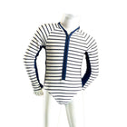 Mannequin wearing a black and white striped swimsuit on a white background