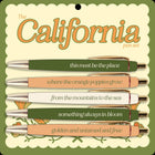 A packaged set of five pens on a cream card with the title 'The California pen set' at the top. The pens have dark green and peach-orange barrels with silver metal tips and clips, and each has a different quote printed on it.