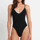 Model wearing Two Shoulder Wrinkle One Piece Swimwear - Black Front