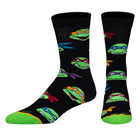 Black socks with green turtle character design on a white background