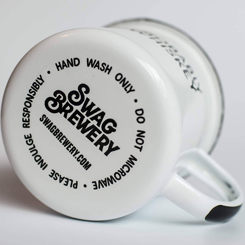 White mug with 'Swag Brewery' branding and text on a light gray background