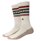 Two socks with California-themed design on a white background