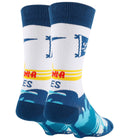 A pair of crew socks with a white upper leg section, dark blue cuffs and heels, and a blue wave pattern on the foot. The socks feature yellow and red stripes with text on the sides, set against a plain white background.