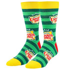 Green and yellow striped socks with Canada Dry logo on a white background