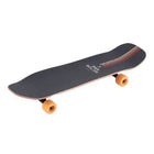 Skateboard with black deck, orange wheels, and red and yellow stripes on a white background