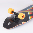 Skateboard with striped deck and orange wheels on a light gray background