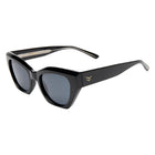 Black sunglasses with a brand logo on a white background