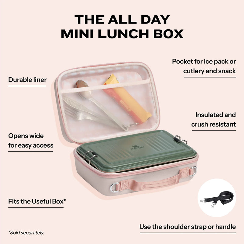 Stanley All Day Mini Lunch Box 4.2QT - Rose Quartz with features listed on the background