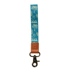 Blue strap with palm tree design and brown leather end on a white background