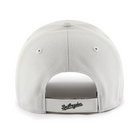 The back view of a light gray baseball cap with an adjustable strap and a black embroidered 'Los Angeles' script logo on the strap.