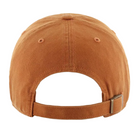 The back view of a classic six-panel baseball cap in a warm rust or terracotta color, featuring a fabric adjustable strap with a metal slider buckle, shown on a clean white background.