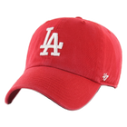 Red baseball cap with white logo on a white background