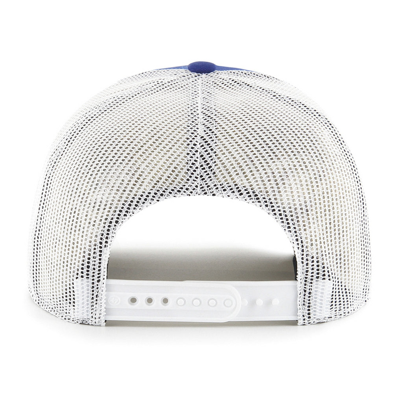 White mesh cap with blue visor on a white background