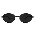 Oval sunglasses with dark lenses and a thin black metal frame, shown from the front on a white background.