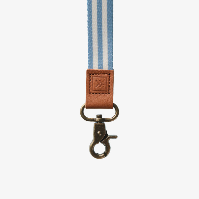 Striped lanyard with a brown leather patch and metal clasp on a white background