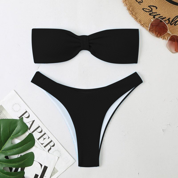 Sweetkama Solid Color Back Tie Swimsuit - Black