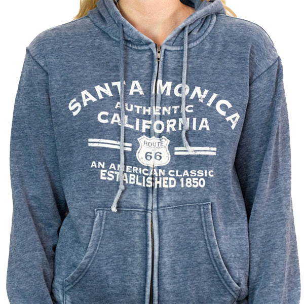 Santa Monica CA/ Route 66 Burn Out Full Zip Hoodie Sweatshirt - Navy