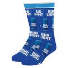 A pair of crew socks featuring a repeating Bud Light can and logo pattern on a blue background, with a solid light blue cuff.
