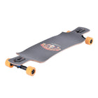 Longboard with orange wheels on a white background