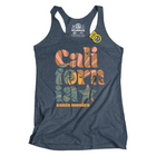 A heather navy racerback tank top featuring a retro-style 'Cali Formosa Santa Monica' graphic in orange, teal, and yellow tones on the front, displayed against a solid white background.