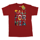 A red short-sleeve t-shirt with a colorful graphic print reading 'CALIFORNIA' and 'LOS ANGELES' on the front, shown flat against a white background with a yellow 'Direct to Consumer' tag attached.