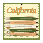 A set of five novelty pens mounted on a decorative display card. The card reads 'The California pen set' and has a cream background with a green scalloped border.