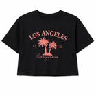 A black short-sleeve crop top t-shirt featuring a distressed coral pink graphic on the front with the text 'LOS ANGELES', 'California', '17 81', and two palm trees, displayed on a clean white background.