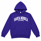 A purple pullover hoodie with 'SANTA MONICA CALIFORNIA' printed in white arched block letters across the chest, displayed on a clean white background.