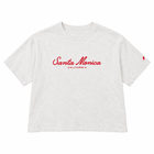 A light heather sand short-sleeve t-shirt with 'Santa Monica CALIFORNIA' printed in red across the chest, displayed flat against a white background.