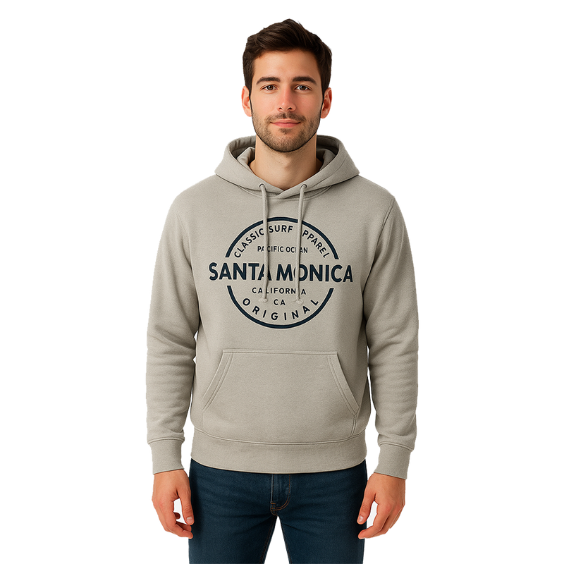 Model wearing Santa Monica Circle Stamp Surfboard Hoodie - Heather Grey