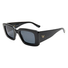 Black sunglasses with a logo on a white background