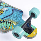 Skateboard with colorful design and teal wheels on a white background