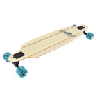Wooden skateboard with blue wheels on a white background