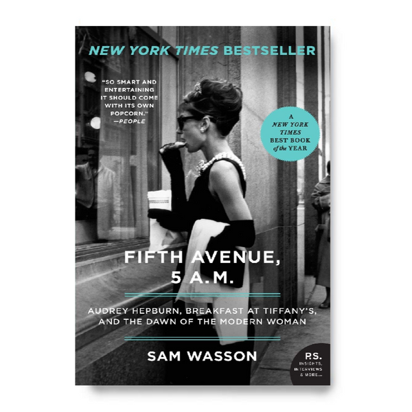 Book cover of 'Fifth Avenue, 5 A.M.' with Audrey Hepburn and Tiffany's sign.