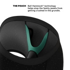 Black pouch with green interior labeled 'The Pouch' featuring Ball Hammock technology.