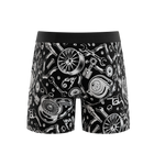 Black boxer briefs with a white graphic pattern of car wheels, wrenches, and pistons, shown on a plain white background.