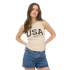Model wearing USA America Graphic Khaki Knit Tank Top