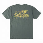 A black short-sleeve t-shirt shown from the back, featuring a distressed yellow graphic print that reads 'FIND REFUGE IN THE SEA', 'Salty Crew', and 'CALIFORNIA' with a nautical flag design.