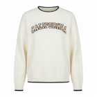 An off-white crewneck sweater featuring the word 'CALIFORNIA' arched across the chest in a varsity-style collegiate font with gold and navy outlines, finished with navy ribbed trim at the collar, cuffs, and hem.