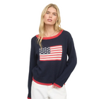 Model wearing Contrast Trim American Flag Navy Knit Pullover Sweater