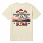 Beige t-shirt with Route 66 graphic celebrating 100 years in Santa Monica, California.