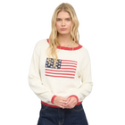 Model wearing Contrast Trim American Flag ivory Knit Pullover Sweater