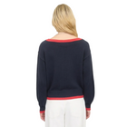 Model wearing Contrast Trim American Flag Navy Knit Pullover Sweater Back View