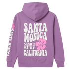 Purple hoodie with 'Santa Monica Sand 'N Surf California' text and pink flower design on a white background